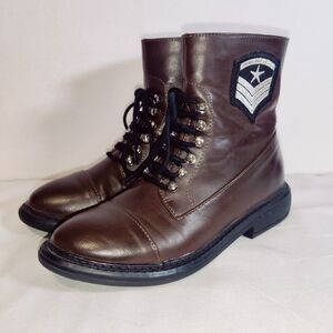 Women's Combat Boots Calf Heel Laces Brown Leather Army Punk Size: 6.5